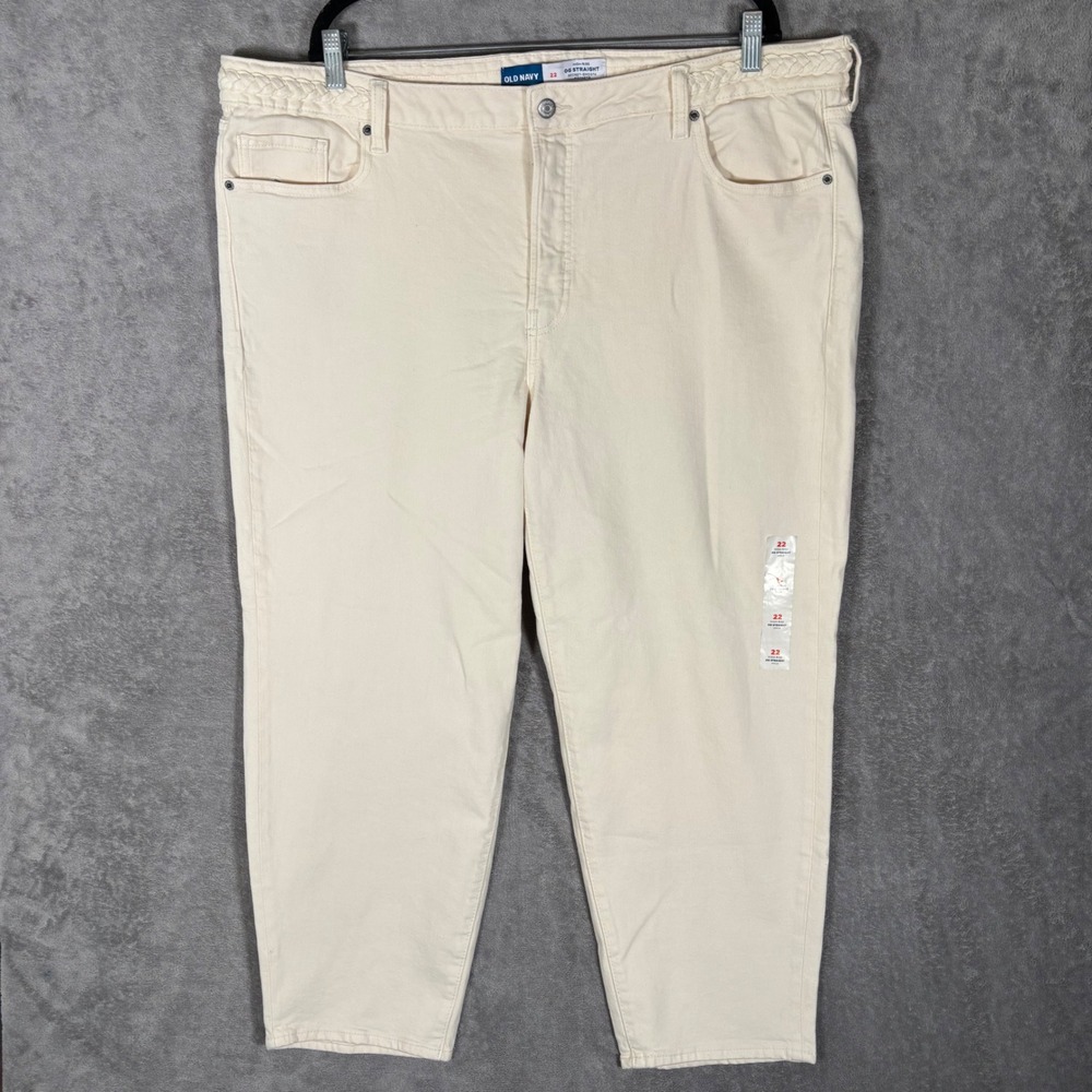 Old Navy OG Straight High-Rise Ankle Jeans Ecru Cream Braided Waist 22 NWOT